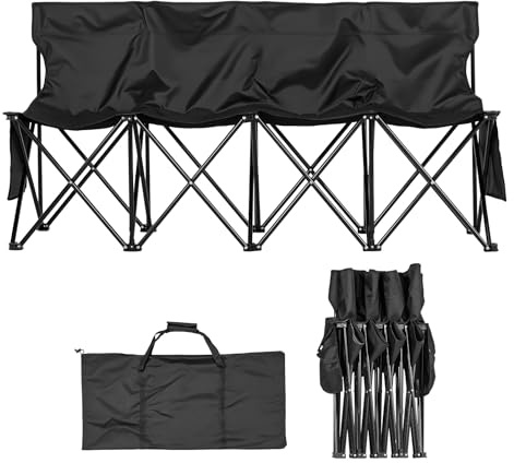 VEVOR Panca da Campeggio Pieghevole Portatile, per 4 Persone con Tasche Laterali e Borsa per il Trasporto, Panca da Squadra con Schienale per Attività all'Aperto Calcio, Baseball, Nero