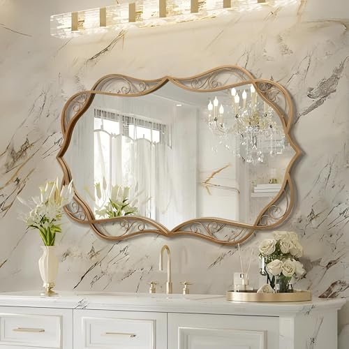 Besdomus Vintage Gold Bathroom Mirror: 24x36 Large Bathroom Mirrors for Over Sink - Vertical or Horizontal Hanging - Home Decor for Living Room/Fireplace/Bathroom - Wall Decor for Homemakers
