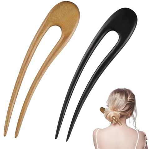 2 Pcs Épingle à Cheveux Vintage pour Femme, Bois en Forme de U Pince de Santal, Française Épingles à Chignon, Fourchette Piques Cheveux à Double Fourche