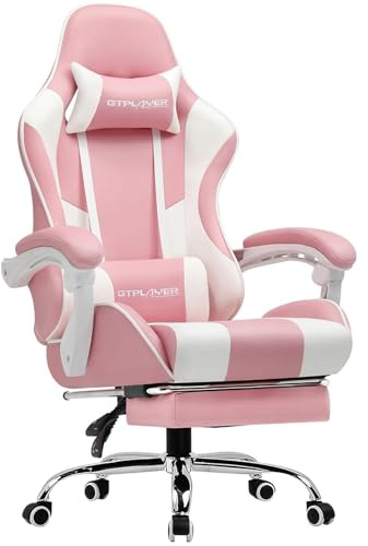 GTPLAYER Gaming Stuhl Bürostuhl Massage Gaming Sessel Ergonomischer Gamer Stuhl mit Fußstütze, Kopfstütze Massage-Lendenkissen, Gepolstert Gaming Chair, Drehsessel, rosa