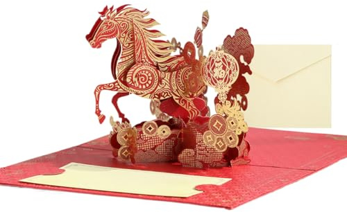 2 Stück Happy Chinese New Year-Karten 2026, 3D-Heißpräge-Pferds-Pop-up-Grußkarte mit Umschlag, rote chinesische Mond-Neujahrskarte für die bestens Wünsche