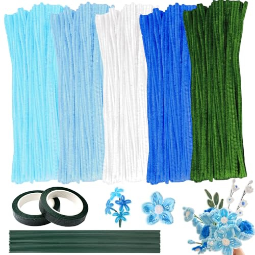 LetCart 500 Piezas Limpia Pipas Coloridos, Alambre de Chenillas, Limpiadores de Pipas, con Tallos de Flores, Estambres, Rollo de Papel de Embalaje etc, Pipe Cleaners Set para DIY Decoración (Azul)