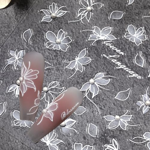 3D Nagelsticker Weiße Blumen, Selbstklebende Nail Art Sticker mit Perlen, 5D Stereoskopische Nagelaufkleber für Nageldesign Zubehör