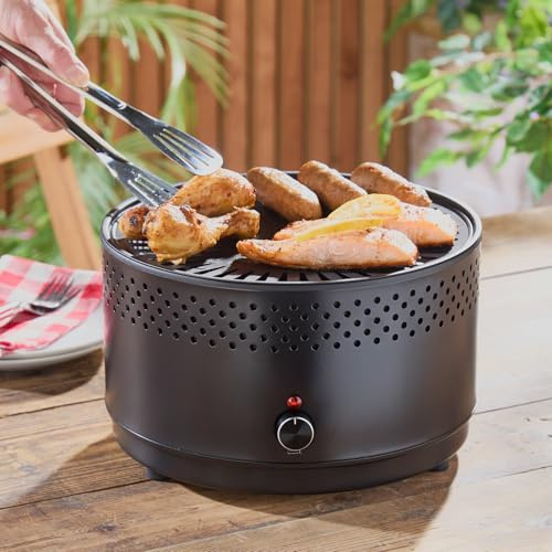 3 PAGEN® elektrisk kolgrill med fläkt – lämplig för balkong, terrass och park – rökfri campinggrill – liten och kompakt – inkl. tång, pensel och väska – Ø 29 cm