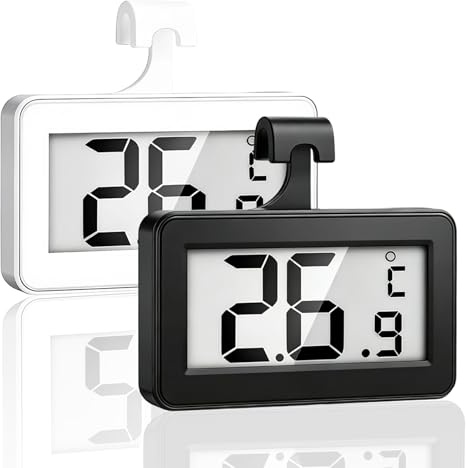 2Pcs Fridge Temperature Thermometer, Fridge Thermometer Digital Black+White | Refrigerator Thermometer with Hanging Hook and Retractable Stand, Waterproof Fridge Freezer Thermometer with LCD Display