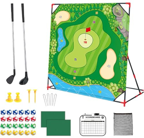 Golfflisspel med matta och målvägg, professionell svingträning för barn & vuxna, inomhus/utomhus, främjar koordination & laganda, inkl.Baller & racketar
