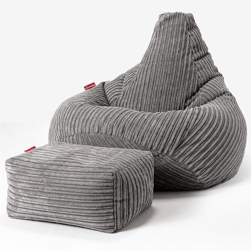 Lounge Pug Cord Highback Bean Bag Chair and Footstool - Gaming Recliner Bean Bags for Adults - Graphite Grey