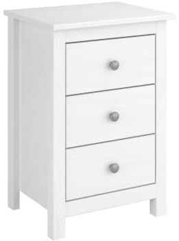 Moblit Mesita de Noche 3 cajones Serie Alme – Madera de Pino Macizo Color Blanco Lavado – Cajonera Moderna Auxiliar Dormitorio – 63x43x35 cm