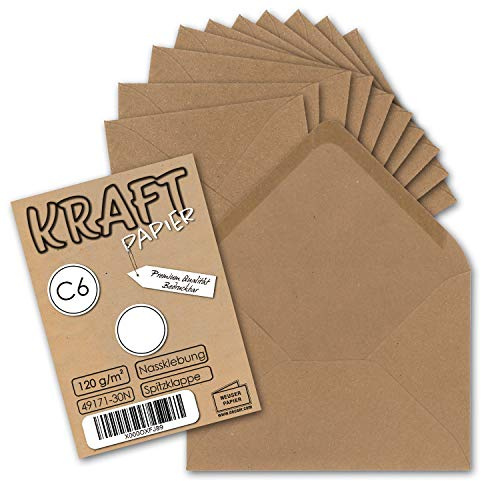 75x Kraftpapier Umschläge DIN C6 Braun - 11,4 x 16,2 cm | ohne Fenster - Vintage Briefumschläge mit Nassklebung Spitzklappe - Naturpapier Recycling - NEUSER PAPIER