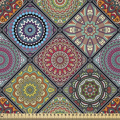 ABAKUHAUS Mandala Stoff als Meterware, Kreise in Rectangles, Microfaser Multi Zweck Dekostoff für Kunsthandwerke, 3M (230x300cm),Beige Rot Grün