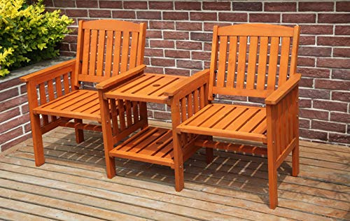 WestWood BIRCHTREE Outdoor Garden Love Duo Seat Patio Bench Couples Companion Yard 2 Seater Chair Twin With Table Set Parasol Hole Pool Wooden Furniture LS02 Natural