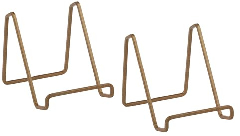 TRIPAR 4-Inch 2 Pack Metal Venetian Gold Square Stand, Square Wire Easel, Small Photo Stand, Small Book Holder Stand for Table, Display for Picture Frames, Plaques and Plates