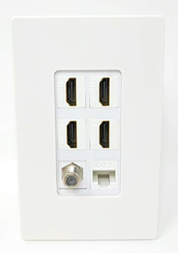 RiteAV - 4 porte HDMI 1 cavo coassiale TV-tipo F 1 Cat6 Ethernet bianco piastra decorativa da parete senza viti