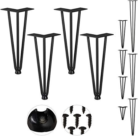 Relaxdays Hairpin Legs, Set da 4, 3 Aste, Metallo, Gamba Tavolo a Forcella, Sgabello Tavolo e Armadio, Alte 30 cm, Nero