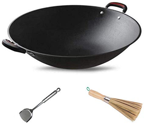 Wok En Fonte Wok à Griller - Wok à Fond Rond Lourd Avec Brosse à Casserole Et Spatule,40CM