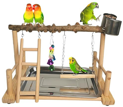 Hamiledyi Parrot Playground Bird Playstand Wood Exercise Play Perch Exercise Gym with Feeder Cups Toys Cockatiel with Ladder Hanging Swing for Pet Conure Lovebirds Life Activity Center Training Stand