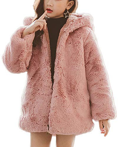 YiZYiF Cappotto con Cappuccio Ragazze Invernale Elegante Giubbotti in Finta Pelliccia Faux Caldo e Spesso Antivento Giacca Parka Imbottito Manica Lunga per Bambine Rosa 7-8 anni