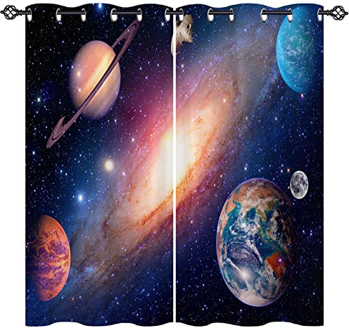 ANHOPE Space Planet Blackout Curtains 46 x 54 Inch Drop 2 Panels | Eyelet Top, Galaxy Earth Saturn Mars Print, Thermal, Soundproof, Kids Boys Girls Window Drapes for Bedroom Living Room