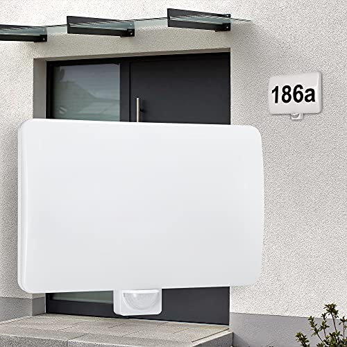 LED Hausnummernleuchte MAXOR Weiß IP65 – 20W Außenleuchte mit Bewegungsmelder & 1600lm – Inkl. Ziffernaufkleber 0–9 A–C, 4000K Neutralweiß