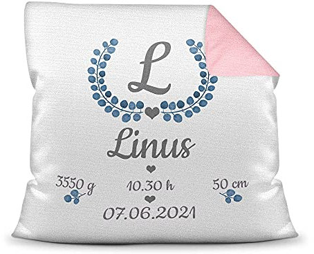Kissen mit Füllung - mit Geburtsdaten personalisieren - Babygeschenk für Jungen, Geschenk zur Geburt oder Taufe, Geburtskissen, Namenskissen fürs Baby I Farbkissen Rückseite Rosa, 40x40 cm