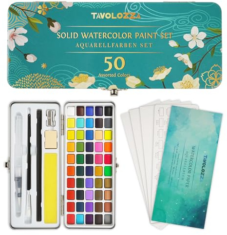TAVOLOZZA Watercolor Paint Set, 50 Vivid Colors Including Metallic and Fluorescent Colors in Gift Box,Perfect Watercolor Set for Artists, Painting Lovers