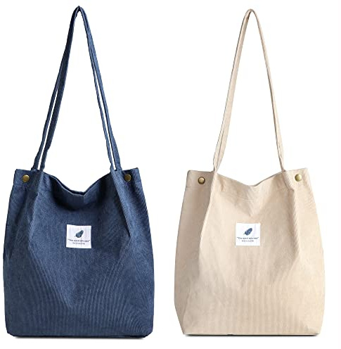 Makukke Umhängetasche Damen - 2pcs Cord Tasche Damen Schultertasche Shopper Damen Henkeltasche für Alltag, Büro, Schulausflug und Einkauf (Jeansblau+Beige)