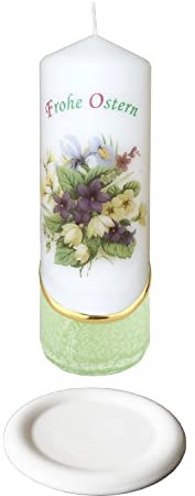 Meissner-Handel Auswahl * Osterkerze Stumpenkerze Osterdeko * 6 x 18 cm * inkl. Kerzenuntersetzer aus Keramik * mit farbigen Wachs- und Bildauflagen * Auswahl Motiv + Farbe * grün * (Motiv 020)
