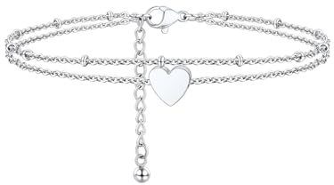 FaithHeart Waterproof Stainless Steel Silver Anklets for Women, Hypoallergenic Heart Chain Anklet Bracelets Womens Non Tarnish Summer Beach Anklet Chains Jewelry Gift