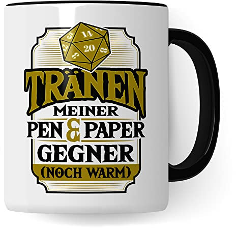 DnD Roleplay Tasse, Tränen meiner Pen & Paper Gegner (noch warm) Spruch, Rollenspiel Spruch D20 Dice Geschenk, Pen & Paper Tabletop D20 Motiv - RPG Dungeon Kaffee-Becher Geschenkidee (Weiß & Schwarz)