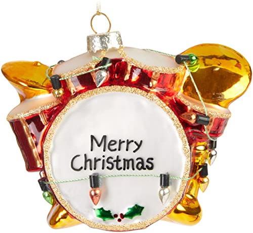 BRUBAKER Schlagzeug Merry Christmas Weihnachtskugel aus Glas | Handbemalt und Mundgeblasen - Christbaumschmuck Lustig - Drums Rot - Figuren Weihnachtsdeko Anhänger - Deko Baumkugel
