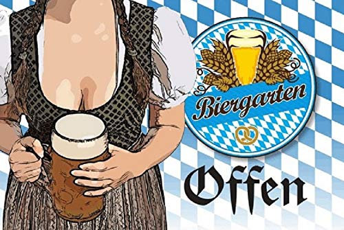 AGDeko® Blechschild 20x30cm Biergarten OFFEN Bayern Pin up Girl Dirndl Maßkrug Bier