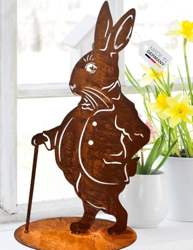 Terma Stahldesign Edelrost Osterhase Mann XXL 50cm mit Bodenplatte Handmade Germany, tolle gartendeko aus Rost-Metall, deko rostoptik, Rostfiguren Tiere, rostfiguren Garten, Rostdeko