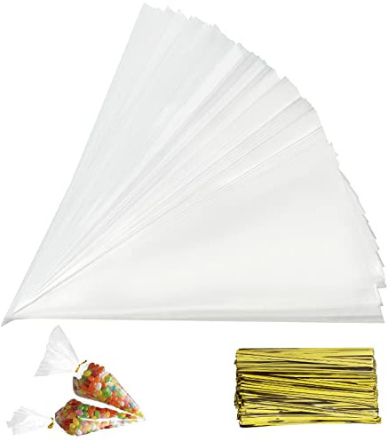 Firschoie 150 Stück Transparente Tüten Süßigkeiten, klarer Kegelbeutel Konusbeutel, Plastik-Süßigkeits-Taschen-Plätzchen-Geschenk, zum Verpacken von Keksen, Schokoladenkuchen, Süßwaren(13 x 25 cm)