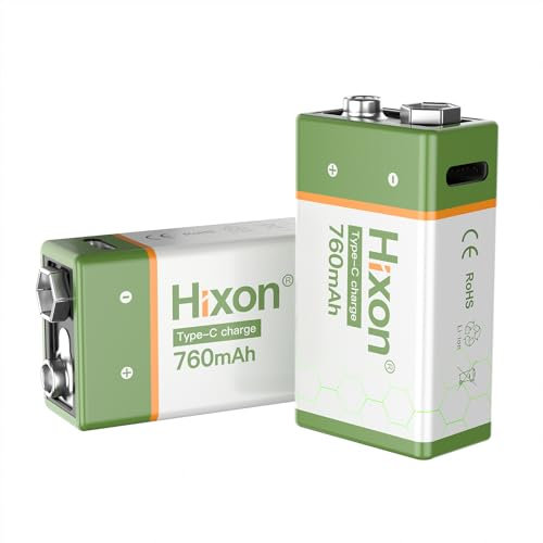 Hixon Batería recargable de 9 V de litio de 9 V USB-C, 760 mAh con cable de carga tipo C, para detector de humo y multímetro, 2 baterías USB-C de 9 V