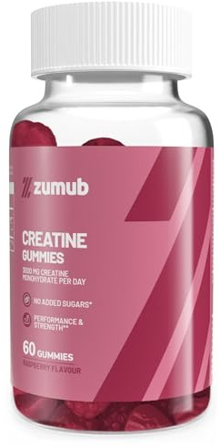 Zumub 60 Gominolas de Creatina Monohidratada 3000mg, Sabor a Frambuesa | Sin Azúcar ni Gluten, Suplemento para el Gym, Mejora la Fuerza, Energía, Recuperación y Rendimiento Muscular