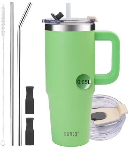 SUNTQ 30 oz tumlare med handtag, dubbelväggig vakuumisolerad vattenflaska med sugrör och lock, rostfritt stål resekaffekopp, termisk kopp för drycker, passar i mugghållare (grön)