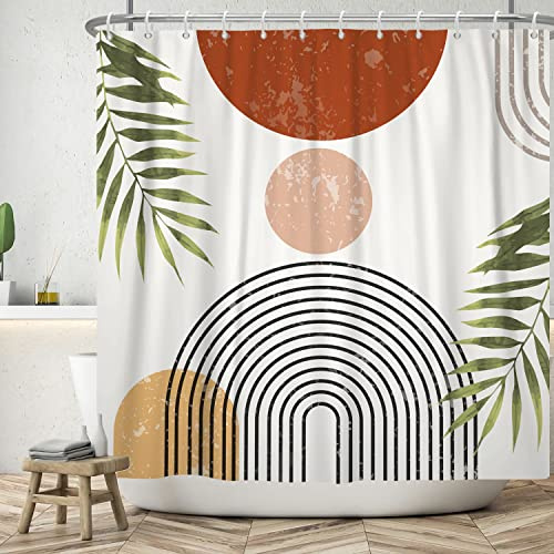 ASDCXZ Boho Duschvorhang 180x180 cm, Modern Abstrakt Kunst Boho Style Sonne Grün Blätter Weiß Bad Waschbar Duschvorhänge Polyester Textil Wasserdicht Badevorhang für Badewanne mit 12 Haken