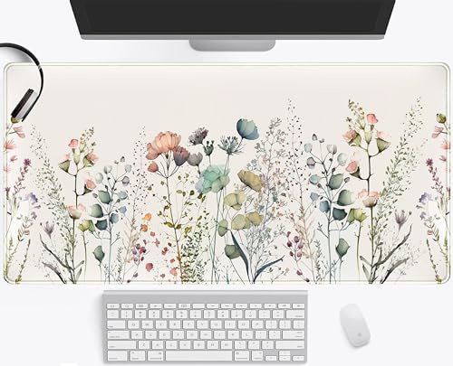 Schreibtischunterlage mit Blumenmuster, Beige, Boho-Schreibtischunterlage, großes ausziehbares Mauspad, XXL, niedliche, minimalistische Blumen, Tastaturmatte, ästhetische Schreibtischmatte, Laptop