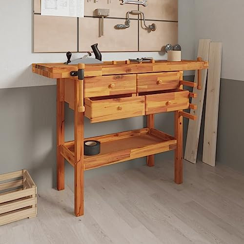 Werkbank mit Schubladen Schraubstöcken 124x52x83 cm Akazienholz, TANZEM Werkstatteinrichtung, Werkbank Werkstatt, Werkzeugschrank, Werktisch, Werkzeugtisch, Werkbänke Für Heimwerker 153322
