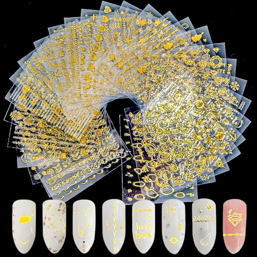 CHANGAR 30 Blatt Gold Nail Art Aufkleber - 3D Selbstklebende Aufkleber mit Stern, Schneeflocke, Geometrie Linie Muster - Multi Thema Designs für Frauen Mädchen Kunst Dekorationen