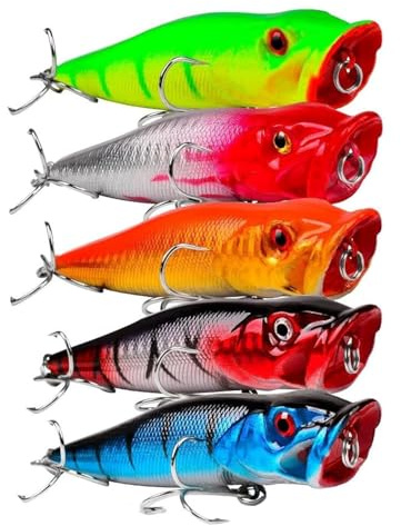 OriGlam 5pcs Floating Topwater Popper Fishing Lures 9cm, Artificial Surface Lures for Pike, Bass, Salmon