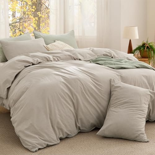 Bedsure Comforter Set Queen Size - Cotton Fabric with Microfiber Inner Fill, Linen Color PureWoven Soft Bed Set for All Seasons, 3 Pieces, 1 Comforter (90 x 90) and 2 Pillow Cases (20 x 26)