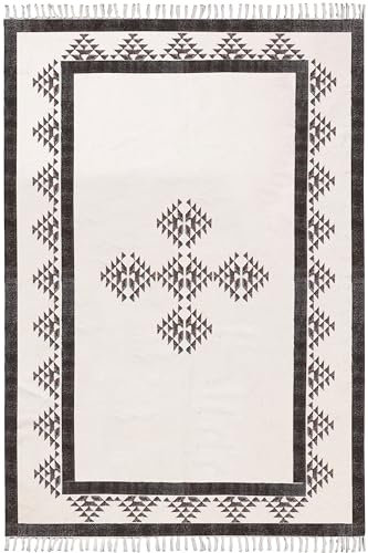 CASAVANI Kelim Teppich, 25,4 x 35,6 cm, Schwarz / Beige, Baumwolle, Boho-Teppich, leicht waschbar, Flachgewebe, Teppiche für große Fläche, Schlafzimmer, Wohnzimmer, Esstisch, Zimmer