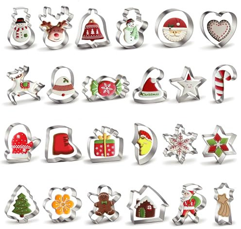 ROELLY 24 Pezzi Formine Biscotti Natale, Taglia Biscotti Natalizie in Acciaio Inossidabile, Albero di Natale, Fiocchi di Neve, Omini di Pan di Zenzero, Stampini Biscotti Natale, Stampini per Biscotti
