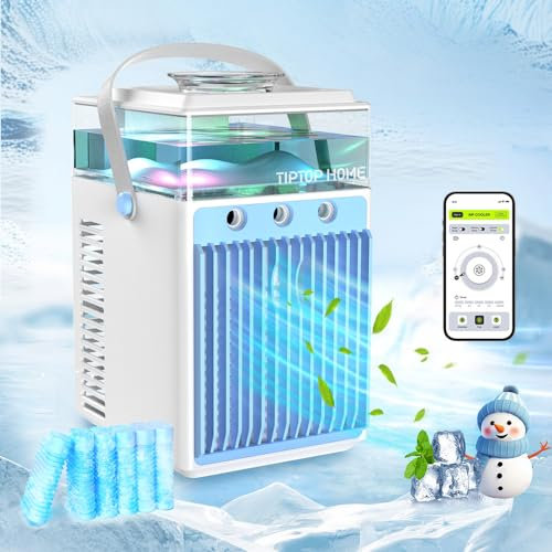 Aire Acondicionado Portatil, Mini Aire Acondicionado Portatil Silencioso, 5 en 1 Climatizador Evaporativo, Enfriador de Aire, 3 Velocidades, 3 Modos de Pulverización, LED de 7 Colores
