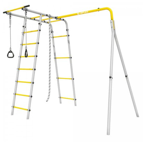 JEFLEX - grau gelbe Kletterinsel - Outdoor Klettergerüst für Kinder – Robustes Spielgerüst mit einem Seil, Ringe, eine Gymnastikleiter & Feste Klimmzugstange – Garten Abenteuer-Spielplatz Set