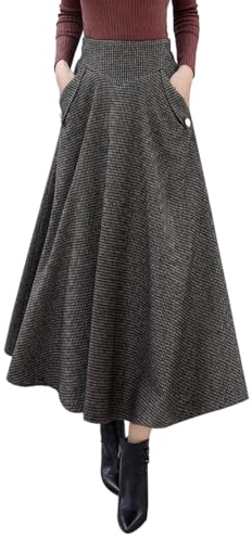 Faltenrock Damen Winter Wolle Rock Lang Vintage Hohe Taille Elastische A-Linie Tartan Glockenrock Trachtenrock(XL,Khaki)