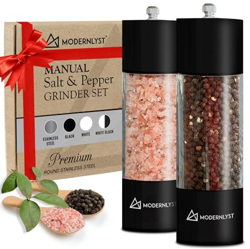 MODERNLYST Manual Salt and Pepper Grinder Set of 2 | Large Round Salt and Pepper Shakers Set | 7.5 inch Stainless Steel Salt Grinder Refillable | Black Pepper Grinder Manual