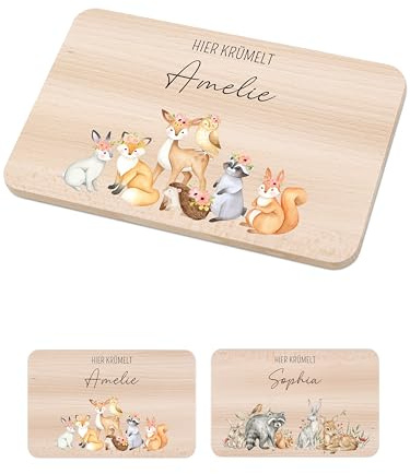 Bärenfreunde - Individuelles Holzbrett mit hochwertigem Spezial-Druck für Kinder - Personalisiertes Frühstücksbrettchen - Niedliche Motiv-Brettchen mit Namen (Blumen Tiere)