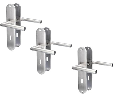 Alpertec Renovation Door Fitting, Long Plate Set of 3, Satin Stainless Steel for 3 Room Doors with Deadlock Holes, Door Handle, Door Handle